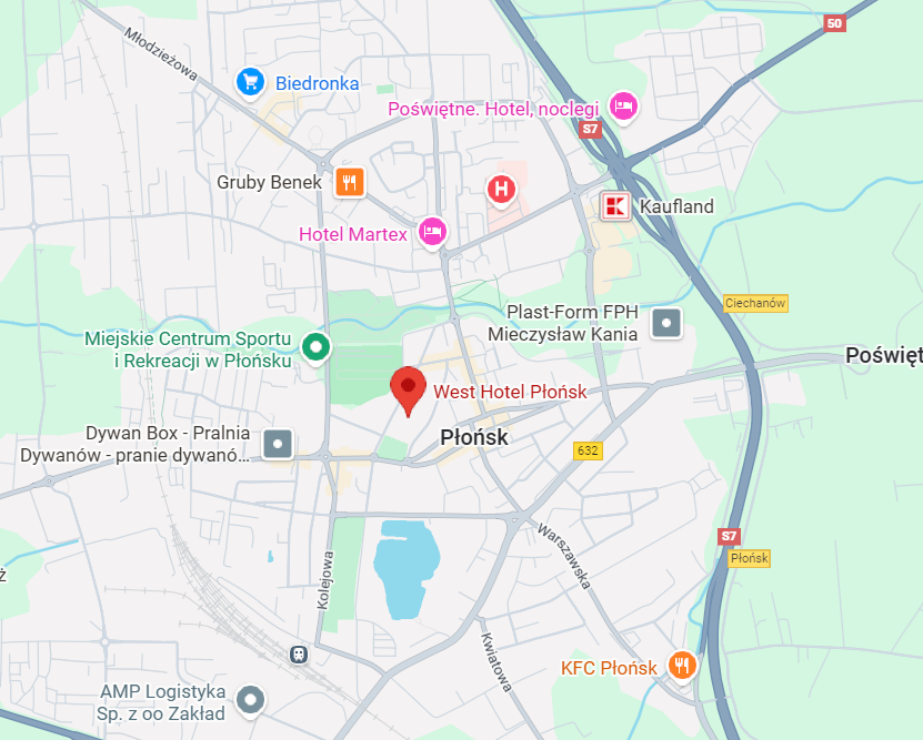Mapa centrum Płońska z pinezką wskazującą West Hotel przy ul. Wolności 6
